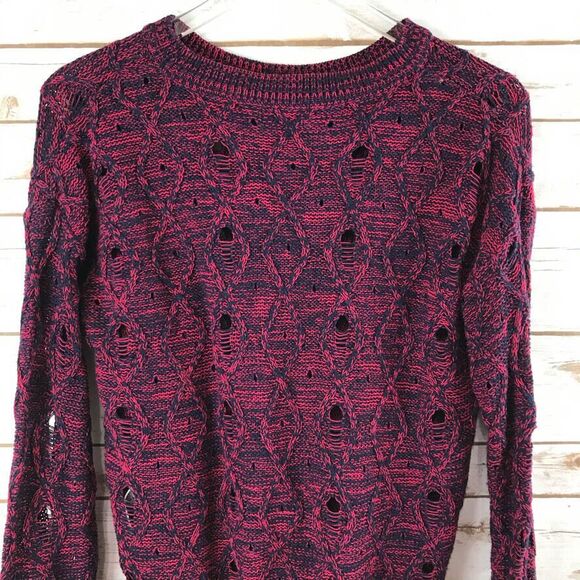 Forever 21 Women's Long Sleeve Sweater Pink Navy Blue Open Knit Juniors Medium - Picture 3 of 7